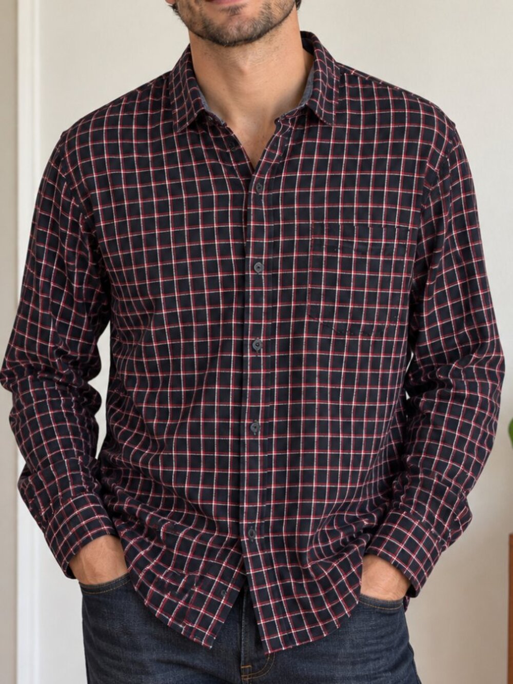Lands’ End Men’s XL Navy Red Plaid Button-Down Shirt